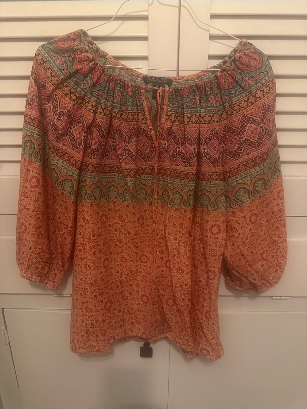 Ralph Lauren Orange Paisley Peasant Blouse with Green Accents